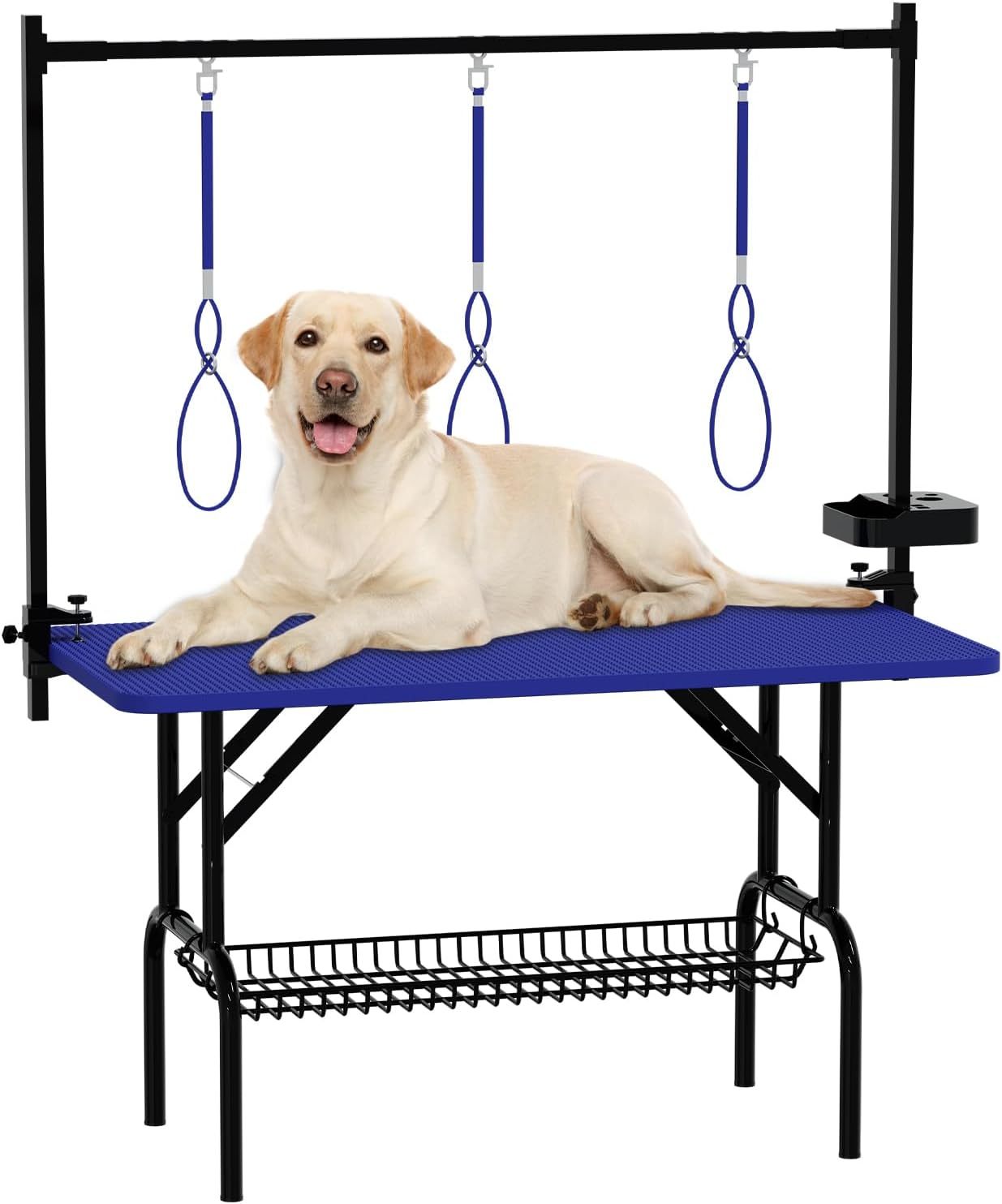 47''Large Dog Grooming Table, Foldable Pet Station at Home, Dog Grooming Table,Adjustable Cat Drying Desktop with Arms, Nooses, Mesh Tray (47Inch Pet Grooming Table Blue)