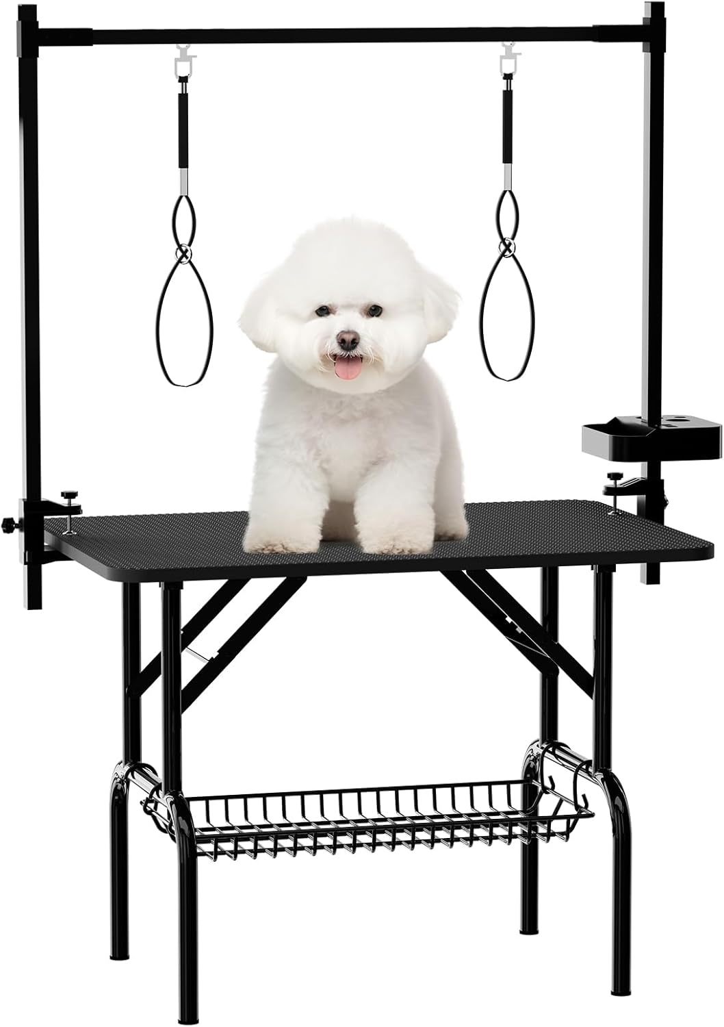 36''Large Dog Grooming Table, Foldable Pet Station at Home, Dog Grooming Table,Adjustable Cat Drying Desktop with Arms, Nooses, Mesh Tray (36Inch Pet Grooming Table Black)