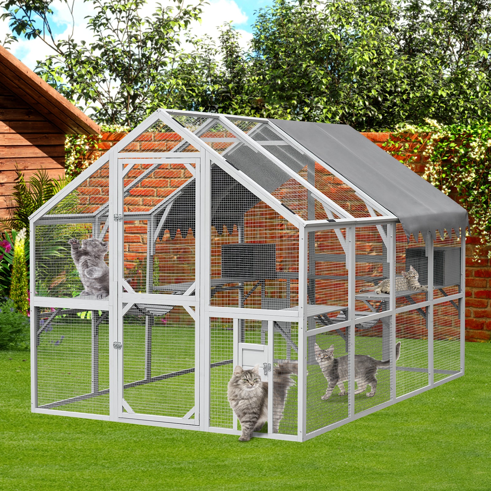 Outdoor Cat House Cat Enclosures 110' Large Kitten Playpen with Platforms,Upgrade Waterproof Cover-Grew&White