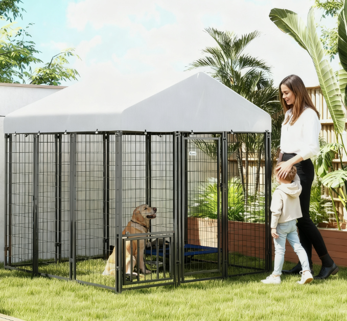 Outdoor Dog Kennel with Roof, Rotating with 4-Level Adjustable Bowls,Silver, Black