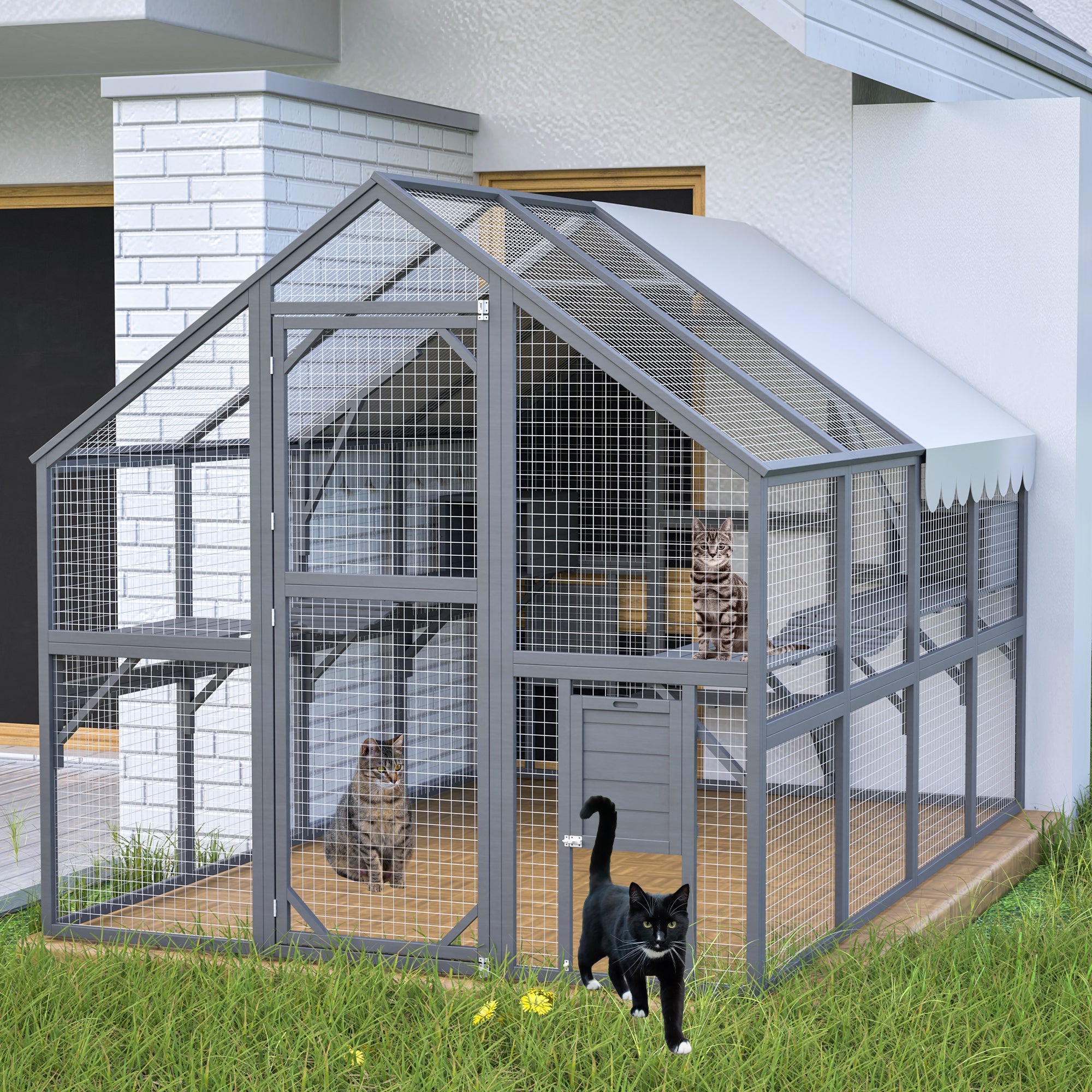 Extra Spacious Catio Outdoor Cat Haven, 110 inch Luxury Cattery with Weather-Resistant Roof, Cat Climbing Ramp, Space Pod Bed, 2 Lounging Huts