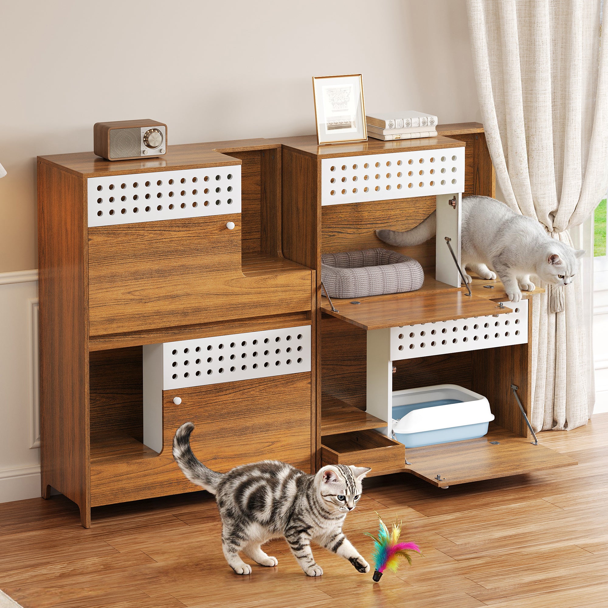 2-Piece of Modern 2 IN 1 Cat Furniture Set, Cat Litter Box Enclosure Side Table, Cat House with Storage, for 2 Small-Medium Sized Cats - BROWN